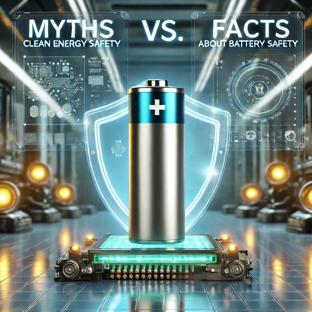 A modern lithium-ion battery with a glowing safety shield around it, symbolizing protection. The background is a futuristic, clean energy lab with a h